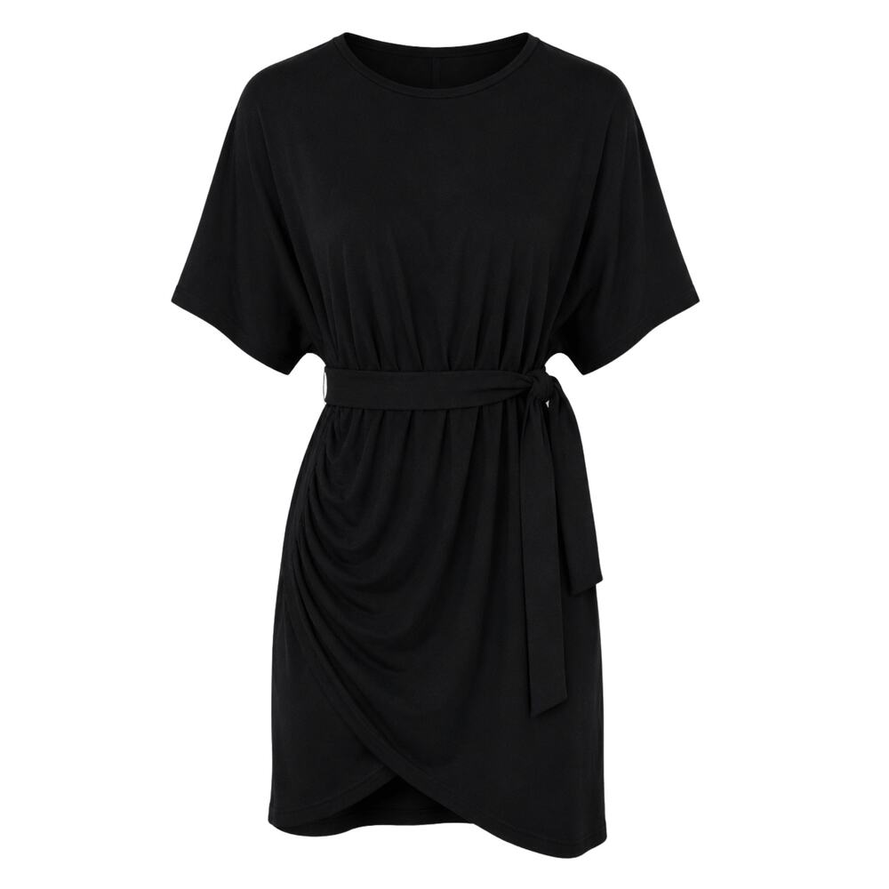 Cupshe Womens Sz Small Black Mini Dress Tulip Hem Short Sleeve Ruched